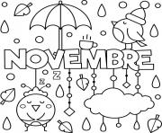 Coloriage novembre oiseau pluie parapluies