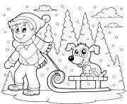 Coloriage enfant traine son chien en hiver sapin neige