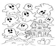 Coloriage maison hantee avec des fantomes pour halloween petit