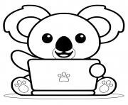 Coloriage koala mignon jouant sur un ordinateur portable