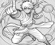 Coloriage jeune combattant ninja lancant sort spirales