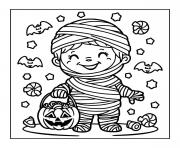 Coloriage sourire de momie enfant avec panier citrouille