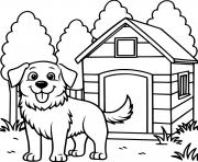 Coloriage chien devant sa maison dans la foret