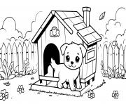 Coloriage chien dans son jardin et sa maison