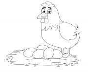 Coloriage poule debout pres oeufs nid