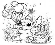 Coloriage stitch celebrant un anniversaire avec gateau et ballons