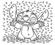 Coloriage stitch souriant sous une pluie de confettis