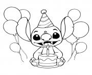 Coloriage stitch fete son anniversaire avec des ballons et un gateau